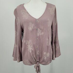 Mossimo Lavender Paisley Flutter-Sleeve Tie Front Top